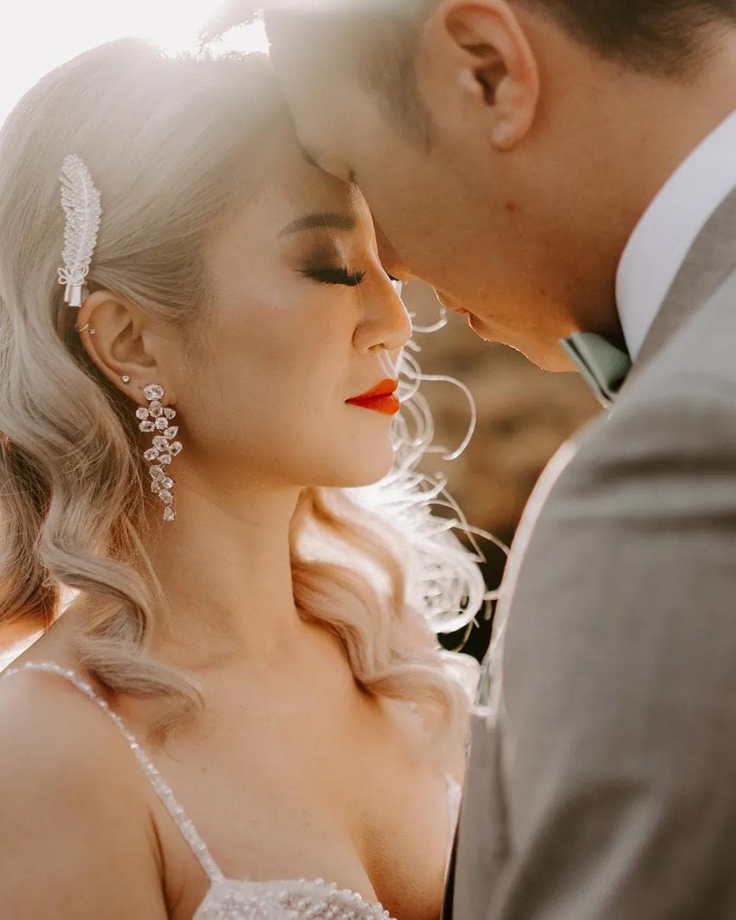 Close-up of bridal makeup with a classic red lip
